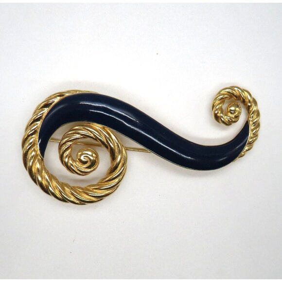 Vintage Trfari Brooch Blue Enamel Gold Tone 3.5" Swirl Signed Statement Pin - Picture 1 of 7